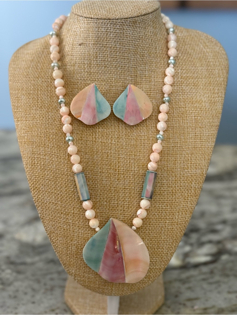 Vintage Karla Jordan Pastel Mother of Pearl Statement Necklace & Earrings Set